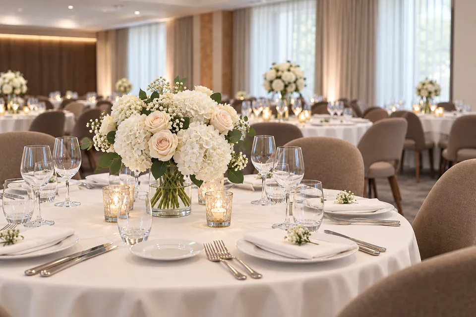 Round banquet table with ivory linen, white hydrangeas and roses, candles and glassware